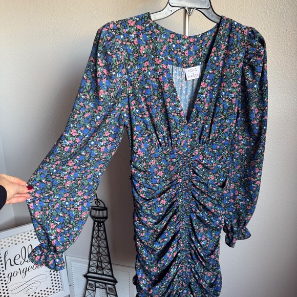 KOKO + MASON ​Floral Ruched Long Sleeve Mini Dress Sz S - Picture 6 of 11